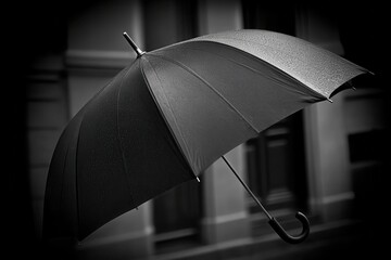 A sleek, black umbrella with water droplets, dramatically lit against a dark, textured background. Classic and moody