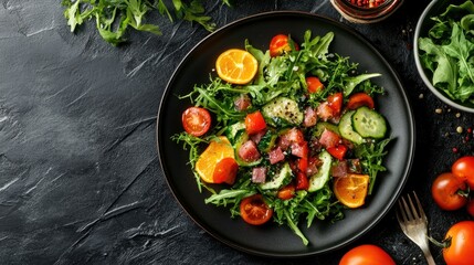 Beef tartare dish plated with crunchy vegetables and delicate garnishes, presented in clean top view food styling