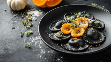 Black ravioli pasta filled with cheese, served with roasted pumpkin sauce and herbs for a modern Italian fusion dish