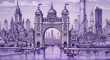 Obraz premium A panoramic sketch in vector art showcasing the skyline landscape of Mumbai, also known as Bombay. It highlights the characteristic buildings and monuments of the city.