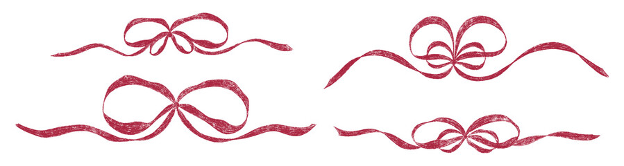 Hand drawn girly coquette bow ribbon set. Chalk wavy pencil texture doodle curly border frame. Wedding invitation, greeting card, postcard design, gift logo design. Vintage style vector illustration