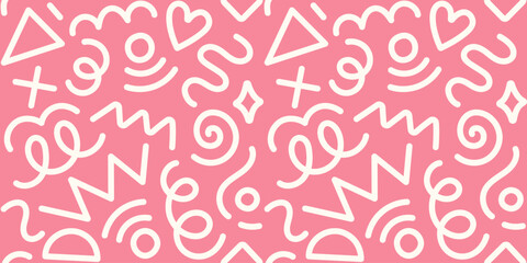 Memphis fun geometric seamless pattern. Cool abstract background, retro 80s, 90s style with basic shapes: star, triangle, circle, semicircle, heart, zigzag, spiral, wavy lines. Cute kid doodle design.