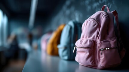 Obraz premium Backpacks lined up against a wall, smartboard projecting educational visuals, students focused on homework discussions