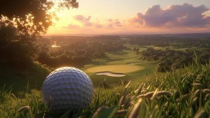 Golden hour over a lush golf course. A golf ball rests in the foreground, bathed in warm sunlight and surrounded by tall grass