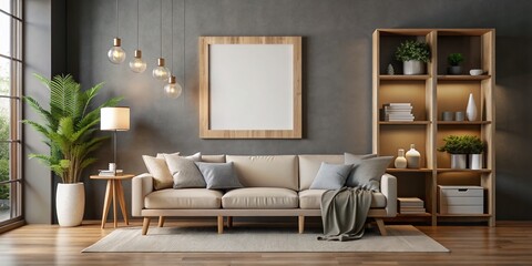 Modern Beige Sofa with Blank Canvas Mockup - Neutral Decor & Wooden Shelves
