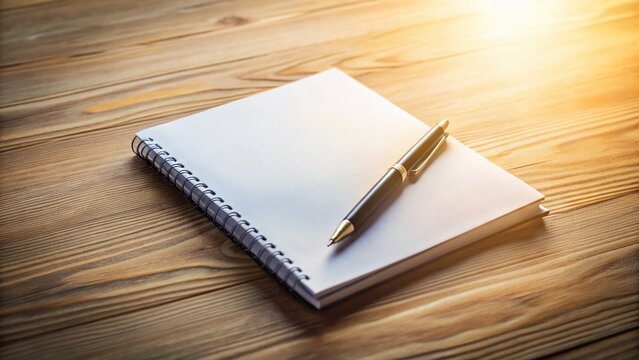 Modern Biography Template Mockup on Wooden Desk with Pen and Notebook