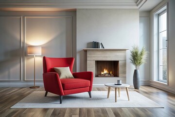 Modern Living Room: Red Armchair & Fireplace Minimalist Interior Design