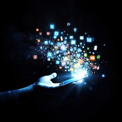 A hand holds a glowing smartphone as digital icons burst forth in a vibrant, cosmic display of connectivity and technology