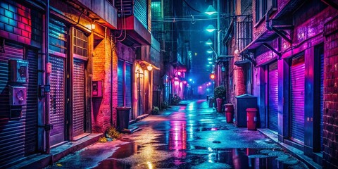 Obraz premium Moody 90s Night Scene: Retro Neon Sign, Urban Alleyway, Low Light Photography