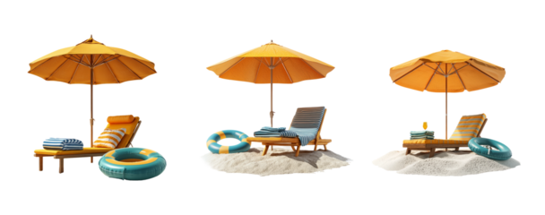 Bright Beach Scene with Loungers, Umbrellas, and Floating Rings
