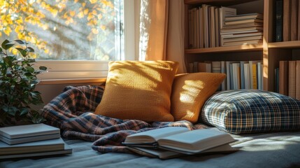 Cozy Reading Nook with Sunlight and Books