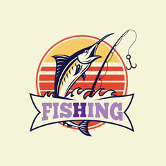 Vintage Style Fishing Logo with Marlin and Sunset Illustration


