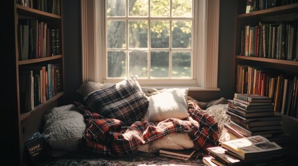 Cozy Reading Nook with Sunlight and Books