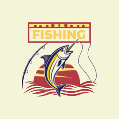 Vintage Style Fishing Logo with Marlin and Sunset Illustration

