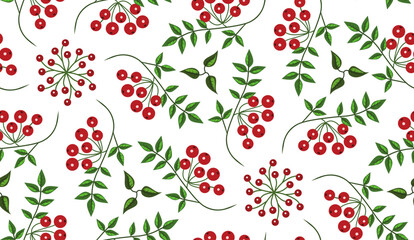 Seamless pattern with rowan berries on a white background. Suitable for coloring fabric, wallpaper, wrapping paper and more.
