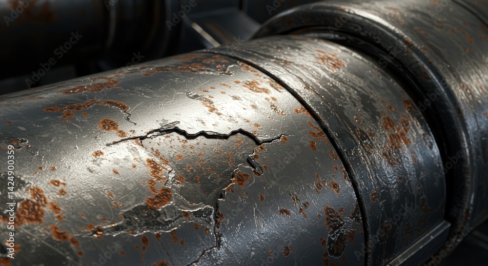Poster Metallic Pipe Showing Cracks and Rust Damage in Close Up View