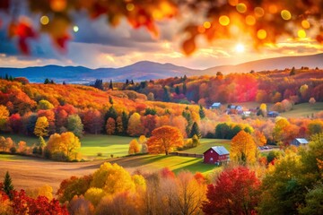 Obraz premium New England Autumn Scenery: Bokeh-Effect Fall Foliage, Scenic Vermont Landscape