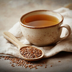 Flaxseed tea with ceramic cup and wooden spoon