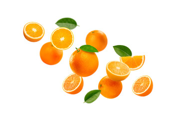 set of oranges fruits falling with half and leaves isolated on white background.