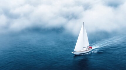 Fototapeta premium Solitude on the water, a sailboat sails through a misty sea