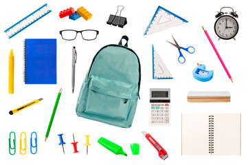 School stationery set isolated on white background.