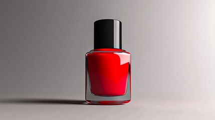 Red nail polish bottle with black cap on neutral background for beauty and cosmetic product presentation

