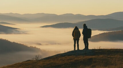 Couple Enjoying Sunrise Over Misty Valley