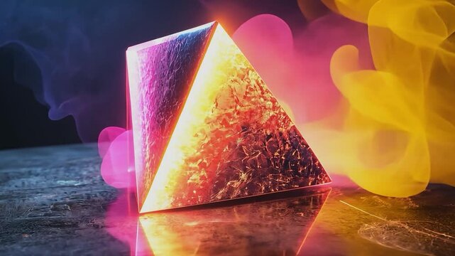 Mystical Prism of Light: A captivating, radiant, and geometrically pristine pyramid shape glows with an inner intensity amidst an ethereal backdrop of swirling colors.