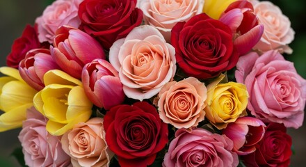Fototapeta premium A Vibrant Bouquet of Roses and Tulips in Various Colors, Close-U