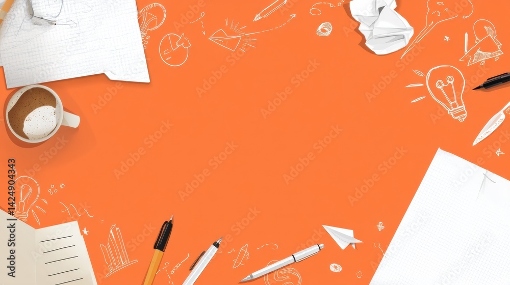 Poster creative planning workspace with brainstorming elements, pens, and sketches designed for financial p
