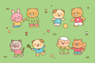 Cute cartoon animal kids playing in the playground, showing various emotions and activities like sports, apology, and fun. Pastel flat illustration.