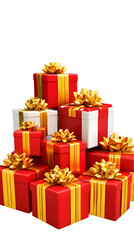 3D Illustration of Stacked Red Gift Boxes with Gold Bows in Isolated Black