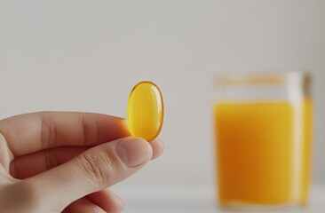 Hand holding a single yellow softgel capsule near orange juice.