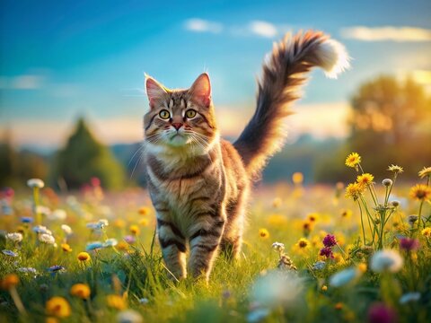 Playful Cat Chasing Tail in Sunny Meadow Landscape Stock Photo