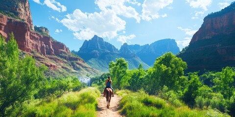 A woman riding a horse through a scenic mountain pass, with dramatic cliffs and waterfalls in the background.