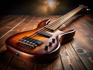 Fototapeta premium Polished Bass Guitar on Dark Wooden Background - Professional Product Photography