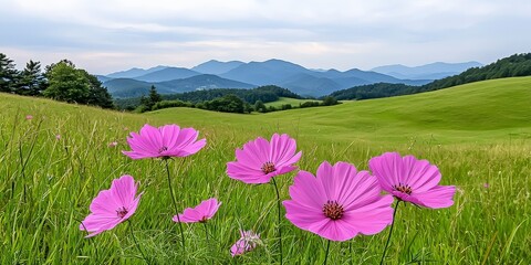 Obraz premium Vibrant Pink Cosmos Flowers with Mountainous Landscape at Dusk in a Serene Green Field