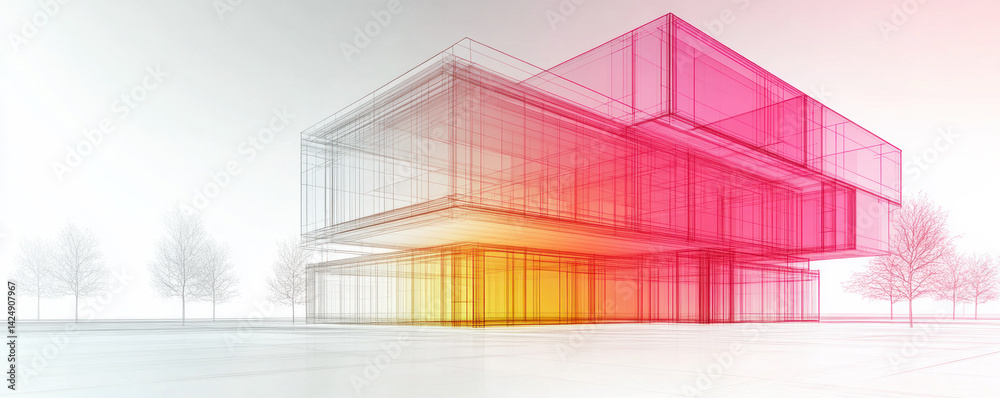 Poster a building with a pink and orange background. the building is a large, modern structure with many wi