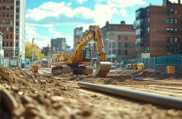 Excavator on urban construction site.