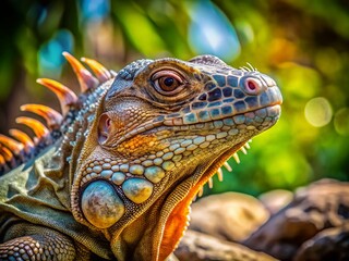 Obraz premium Rhinoceros Iguana (Cyclura cornuta) basking in the sun, candid wildlife photography
