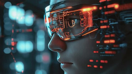 Glimpse into Digital Frontier: A person wearing futuristic glasses, gaze intently as technology interfaces, showcasing the limitless possibilities - Powered by Adobe