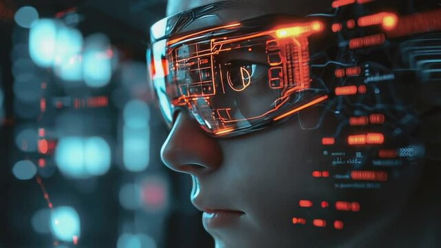 Glimpse into Digital Frontier: A person wearing futuristic glasses, gaze intently as technology interfaces, showcasing the limitless possibilities