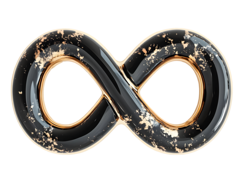 3D Rendered Infinity Symbol with Glossy Black and Gold Details on Isolated Transparent Background