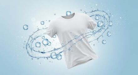Clean fresh white t-shirt with water splash and bubbles for advertising laundry detergent or fabric softener on a light blue background