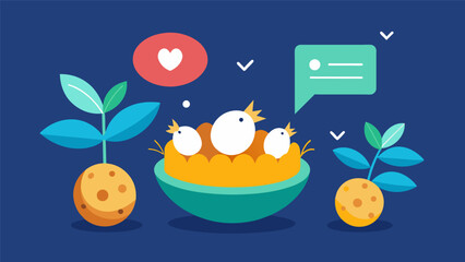A stylized illustration of a birds nest with the eggs labeled as feeding times and a notification to its owner to check on their pets meals.. Vector illustration