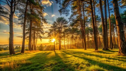 Serene Forest Silhouette: Majestic Trees at Sunset, Nature Photography