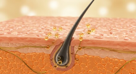 Close up showing hair follicle structure and oil molecules penetrating the skin layers illustrating skincare science and dermatology health