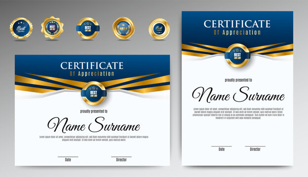 Blue and Gold certificates template design. vertical horizontal diploma certificates. vector