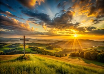 Obraz premium Serene Sunset Landscape: Catholic Prayer Inspiration