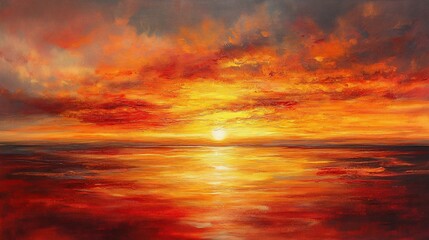 Obraz premium Fiery Horizon: A Stunning Oil Painting of a Vibrant Seascape Sunset